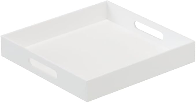 Glossy White Sturdy Acrylic Serving Tray with Handles-12x12 Inch-Serving Coffee,Appetizer,Breakfast,Butler-Kitchen Countertop Tray-Makeup Drawer Organizer-Vanity Table,Ottoman Tray-Decorative