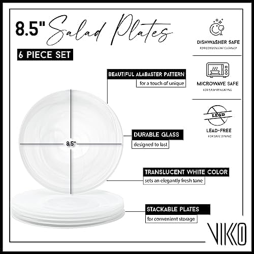 Vikko Lunch Plates, Set of 6 White Alabaster Plates, 8.5" Plate with Marbelized, Swirl Design, Elegant Glass Entree Plate, Dishwasher Safe