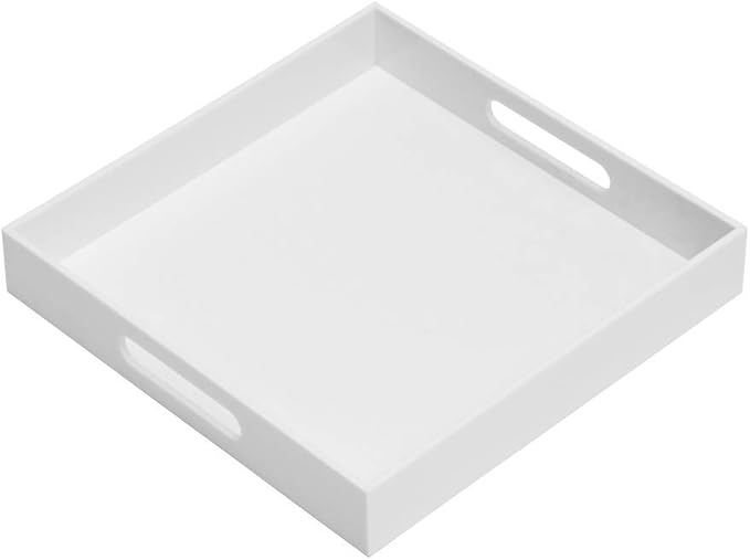 Glossy White 21"X21"X2" Decorative Tray Extra Large Sturdy Acrylic Serving Tray with Handles Countertop Organizer Tray for Ottoman Kitchen Bathroom Office Bar Decorative Tray