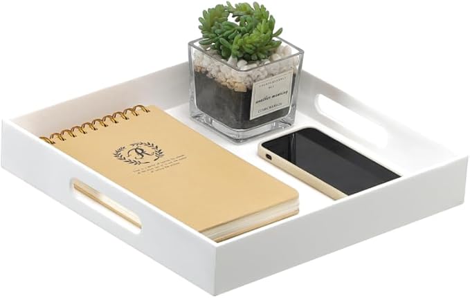 Glossy White Sturdy Acrylic Serving Tray with Handles-12x12 Inch-Serving Coffee,Appetizer,Breakfast,Butler-Kitchen Countertop Tray-Makeup Drawer Organizer-Vanity Table,Ottoman Tray-Decorative