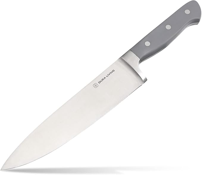 DURA LIVING 8 Inch Professional Chef Knife – High Carbon Stainless Steel, Razor-Sharp, Versatile Cooking & Cutting Kitchen Knife, Ergonomic Handle, Sleek Gray Design