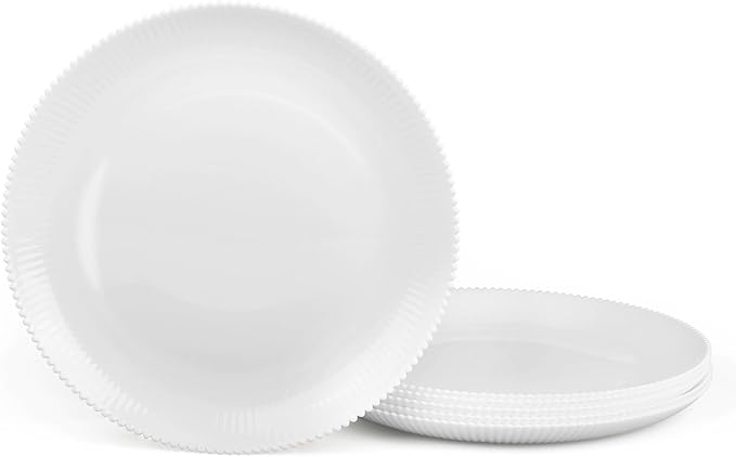 7.5 inch Ribbed Salad Appetizer Plate Set of 6, Opal Glass Round Small White Plates for Dessert, Kitchen, Dishwasher and Microwave Safe