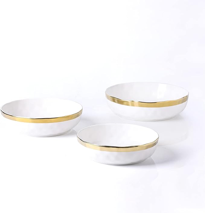 Stone Lain Florian Porcelain 3-Piece Round Shallow Bowl Service Set, White wit Gold Rim
