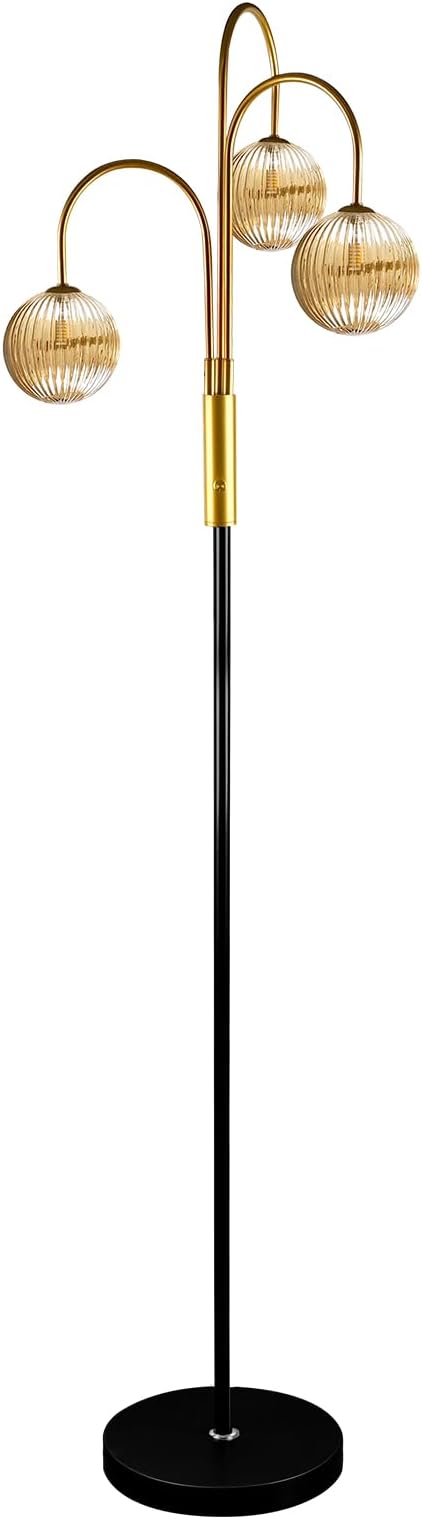 Lightdot 70IN Dimmable Floor Lamp for Living Room, 3 Light LED Tree Floor Lamps with 3Pcs Glass Globe, 3000K Soft Warm White for Wedding/Party, Mid Century Standing Tall Lamp for Bedroom-Black&Gold