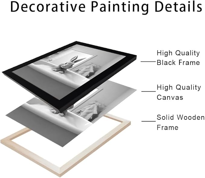 Kids Bathroom Decor, Black and White Cute Animal Canvas Wall Art, Funny Rabbit in Bathtub, Framed Farmhouse Picture Wall Decor Print Artworks for Bathroom