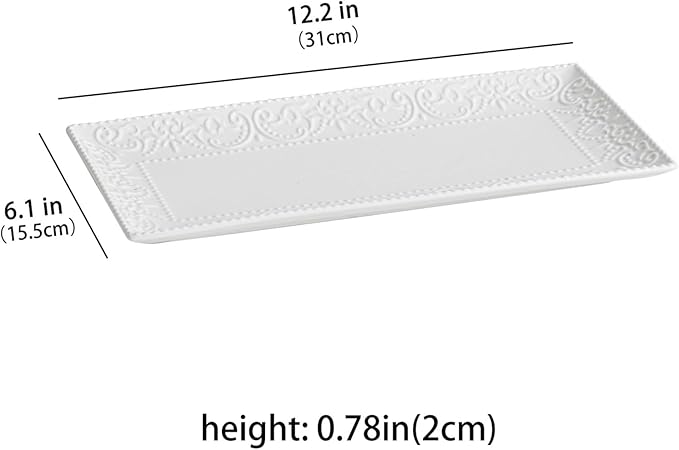Rectangular Embossed Serving Platters Set, 12 Inch Large Ceramic Serving Plates, Stackable Serving Tray, Porcelain White Serving Platter for Appetizer, Dessert, Snacks, Steak, Dishwasher Safe (4PCS)
