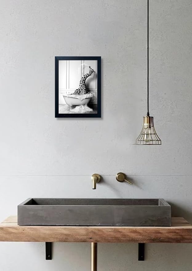 Framed Animal Bathroom Wall Art Black and White Canvas Wall Art Funny Giraffe in Bathtub Print Farmhouse Painting Kids Bathroom Decor