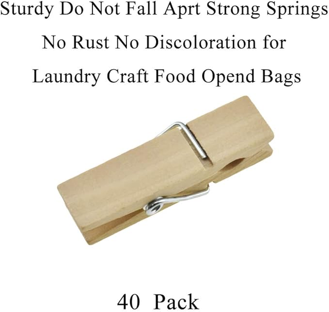 HAHIYO Wooden Clothes Pins Clothespins Wide Do NOT Fall Apart 1.77 inches Length 40 Pack Sturdy Strong Springs No Rust No Discoloration for Laundry Bathroom DIY Craft Photos Food Opened Bags