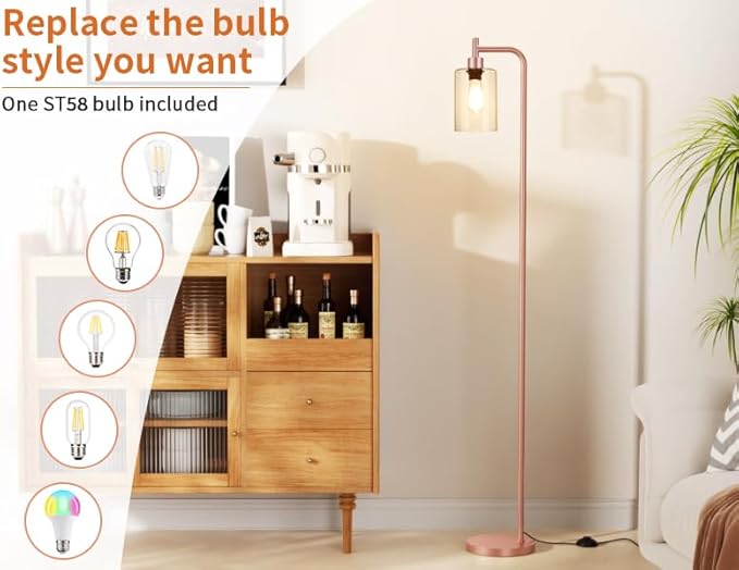 Floor Lamp with Clear Glass Shade - Industrial Standing Lamp with LED Bulb, Modern Tall Floor Lamps for Living Room Bedroom Office - Pink