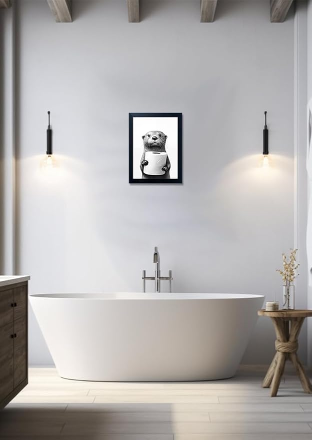 Bathroom Picture Wall Decor, Framed Black and White Bathroom Wall Art, Toilet Paper in Little Funny Raccoon's Hand Animal Canvas Print Painting