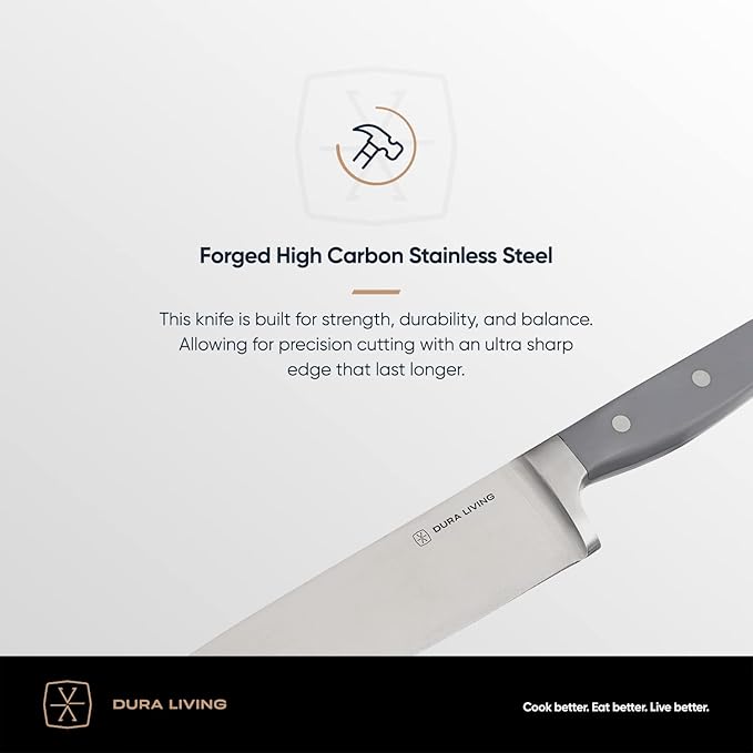 DURA LIVING 8 Inch Professional Chef Knife – High Carbon Stainless Steel, Razor-Sharp, Versatile Cooking & Cutting Kitchen Knife, Ergonomic Handle, Sleek Gray Design