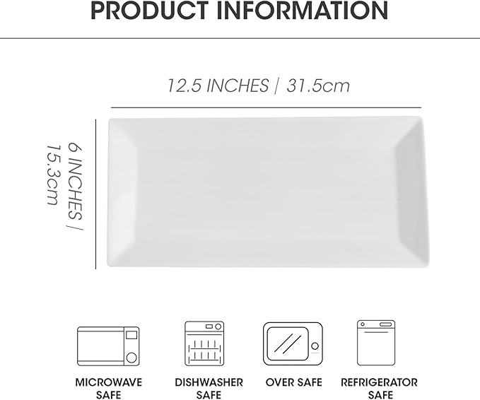 Rectangular Serving Platters Set, 12 Inch Large Ceramic Serving Plates, Stackable Serving Tray, Porcelain White Serving Platter for Appetizer, Sushi, Dessert, Snacks, Steak, Dishwasher Safe (4PCS)
