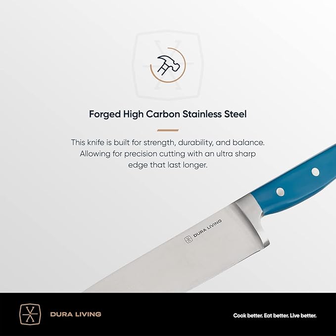 DURA LIVING 8 Inch Professional Chef Knife – High Carbon Stainless Steel, Razor-Sharp, Versatile Cooking & Cutting Kitchen Knife, Ergonomic Handle, Sleek Royal Blue Design
