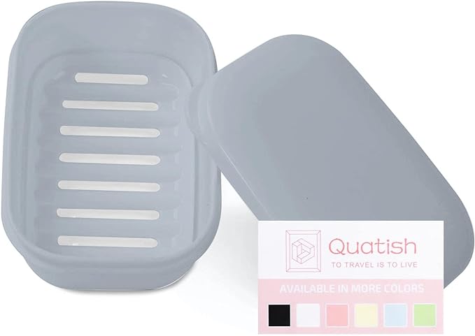 Quatish Leakproof Soap Dish with Lid & Draining Layer, Shatterproof Travel Bar Soap Holder Case Container, Portable Travel Size Toiletries Essentials for Camping, Gym, Bathroom, Greyblue