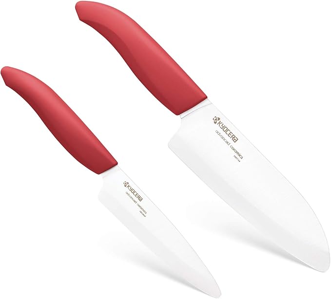 Kyocera Revolution Series 2-Piece Ceramic Knife Set: 5.5-inch Santoku Knife and a 4.5-inch Utility Knife, Red Handles with White Blades