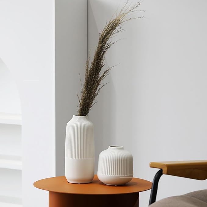 White Ceramic Vase Set of 2, Flower Vases Home Decor, Boho Vase for Pampas Grass, White Vases for Centerpieces Table Entryway Shelf