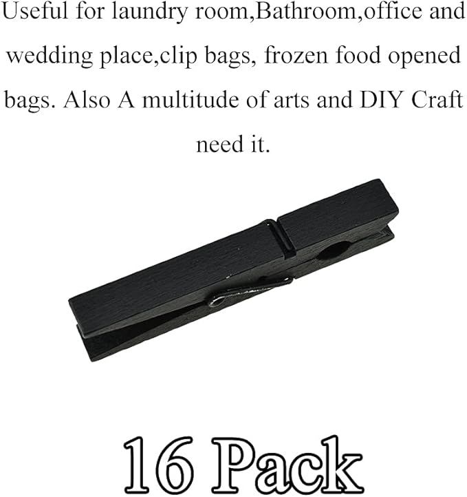 HAHIYO Black Wooden Clothes Pins Clothespins Wide Do NOT Fall Apart 2.87 inches Length 16 Pack Sturdy Strong Springs No Rust No Discoloration for Laundry Bathroom DIY Craft Photos Food Opened Bags