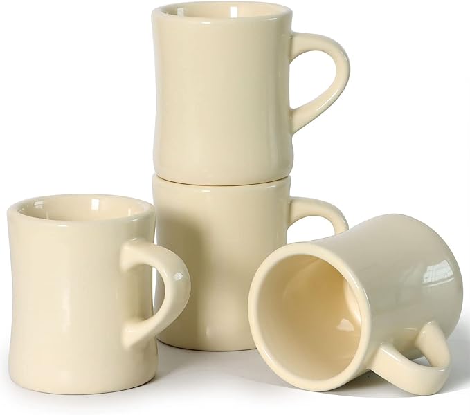 harebe Retro Coffee Cup Set of 4, 10 OZ Heavy Classic Ceramic Diner Mugs Set with Handle for Coffee, Tea, Cocoa, Milk, Latte(Cream)