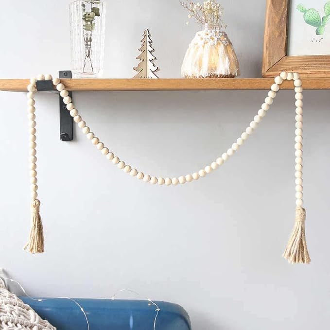 DECORKEY Farmhouse Wood Beads Garland, 2 Pack 58 Inch Wooden Beads for Boho Home Decor with Tassels, Rustic Country Decor for Coffee Table, Wall, Shelf, Tray, Vase, Living Room, Bedroom