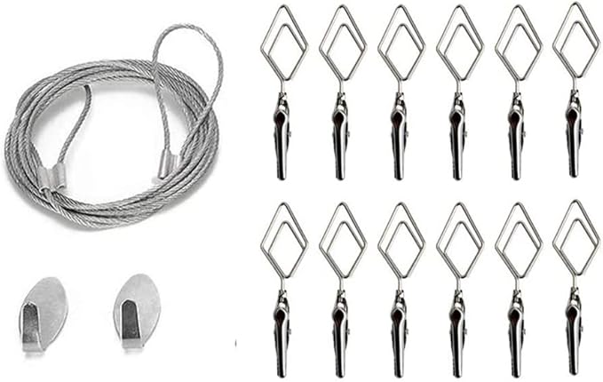 TFu Multi-Purpose Steel Wall Hanging Photo Display Cable Wire Rod with 12 Adjustable Clips for Hanging Photos Notes Postcard and Artworks (Rhombus)