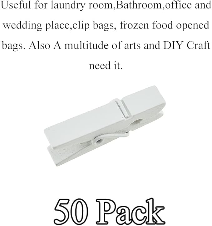 HAHIYO White Wooden Clothes Pins Clothespins Small Do NOT Fall Apart 1.38 inches Length 50 Pack Sturdy Strong Springs No Rust No Discoloration for Laundry Bathroom DIY Craft Photos Food Opened Bags
