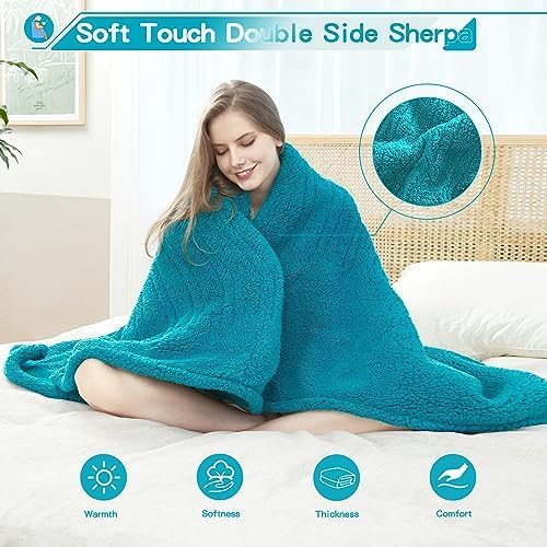 Heated Throw Blanket Double Sided Sherpa, Soft Heating Electric Blanket for Bed, Automatic Safety System, 6 Heating Levels & 4 Hours Auto-Off, 50"x60" Lake Green