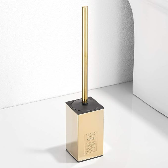 Freestanding Toilet Brush Holder for bathrooms 304 Stainless Steel Toilet Brush Stand Square Storage and Organization Rust Resistant 17-inch high Polished Gold Finished
