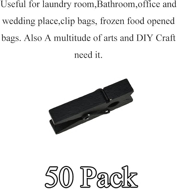HAHIYO Black Wooden Clothes Pins Clothespins Small Do NOT Fall Apart 1.38 inches Length 50 Pack Sturdy Strong Springs No Rust No Discoloration for Laundry Bathroom DIY Craft Photos Food Opened Bags