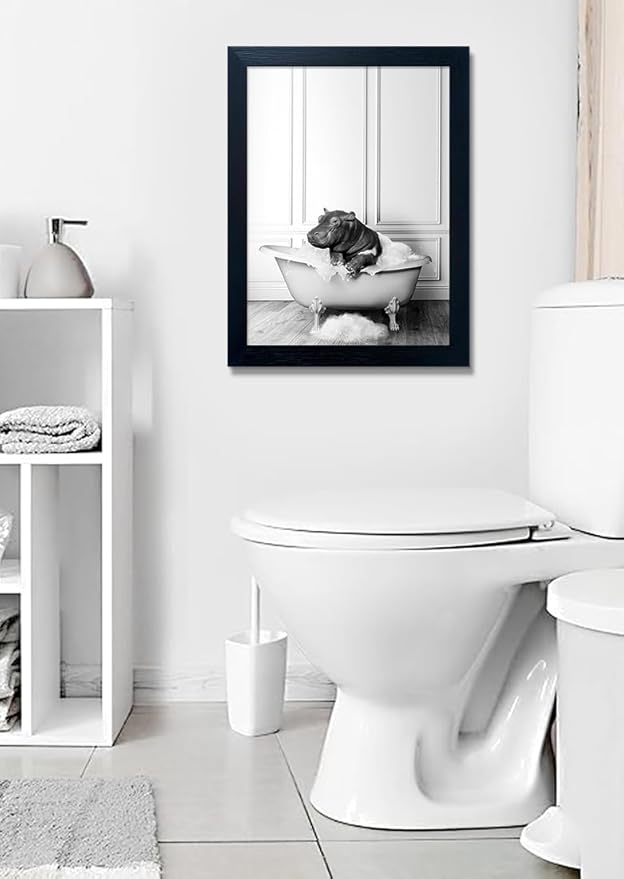 Black and White Bathroom Decor Funny Hippo in Bathtub Wall Art Framed Humor Bathroom Signs Cute Animal Canvas Print Painting Artwork