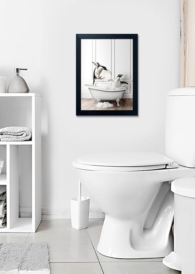 Kids Bathroom Wall Art Framed Black and White Animal Wall Art Cute Penguins in Bathtub Wall Decor Funny Farmhouse Print Pictures Painting for Bathroom