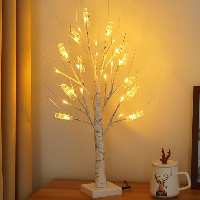 2 Pack Money Tree Gift Card Holder- DIY Birch Tree Lamp with 12 Clips and 24 Twig LEDs, Display Money Cash Photo for Birthday Christmas Home Party Festival Wedding (Warm 2Pack)