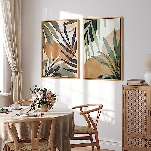 SIGNFORD Framed Canvas Print Wall Art Set Tropical Island Palm Leaf Geometric Collage Abstract Nature Illustrations Modern Art Decorative Minimalist Floral Botanical for Bedroom - 24"x36"x2 Natural