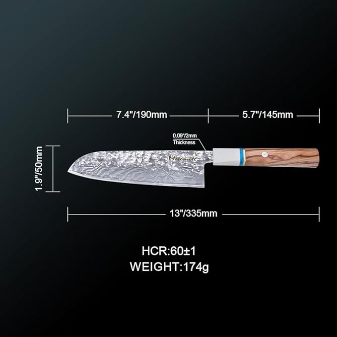 Santoku Knife 7in, Damascus Japanese Chef Knife, Professional Hand Forged Chef's Knives for Kitchen Cooking Meat Cleaver, Cutting Vegetables and Fruit, Razor-Sharp Chef's Knife with Gift Box, Silver