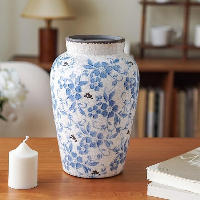 Decorative 10 inch Ceramic Flower Vase, Blue and White Floral Pattern, Crackle Glaze Finish