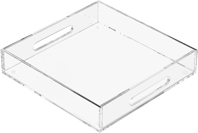 Acrylic Serving Tray with Handles-12x12x2.36Inch-Decorative Tray Letter Tray Organizer for Ottoman Coffee Table Countertop, Clear