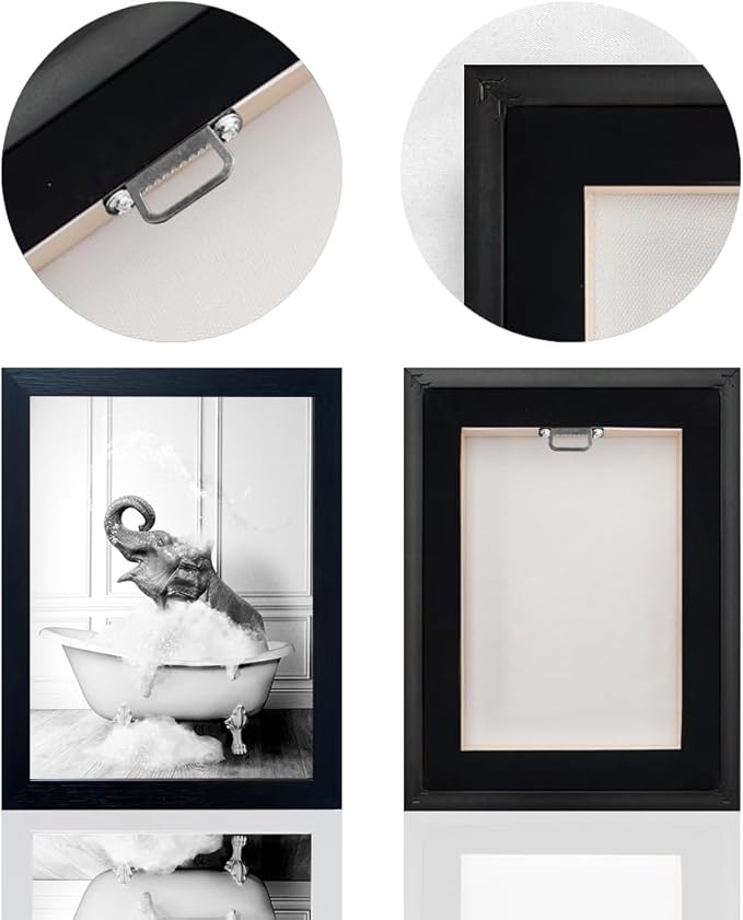 Framed Bathroom Art Wall Decor Elephant in Bathtub Decor Funny Black and White Animal Canvas Print Paintings for Bathroom