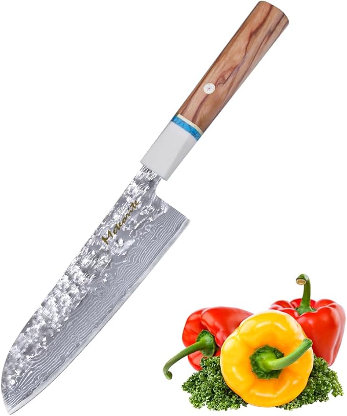 Santoku Knife 7in, Damascus Japanese Chef Knife, Professional Hand Forged Chef's Knives for Kitchen Cooking Meat Cleaver, Cutting Vegetables and Fruit, Razor-Sharp Chef's Knife with Gift Box, Silver