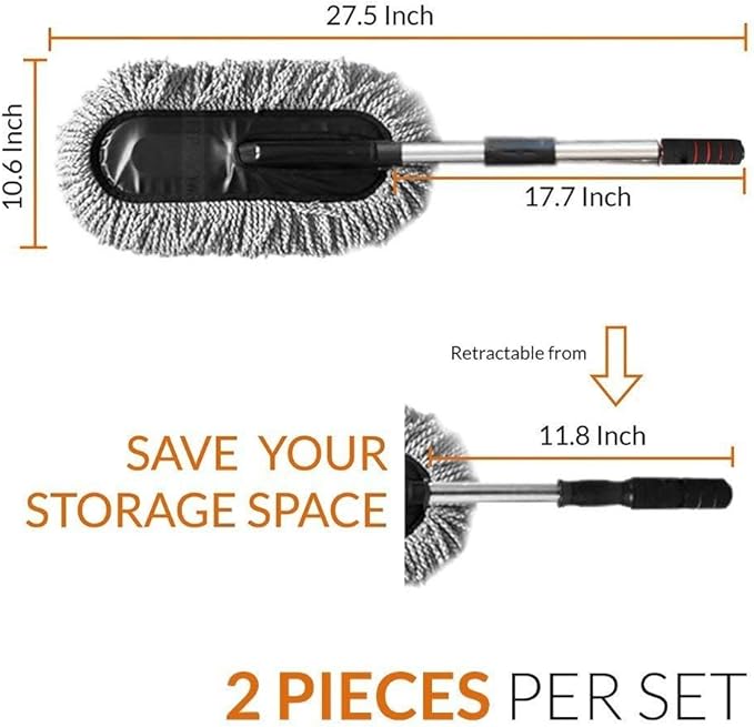 Microfiber Car Duster Cleaning and Car Dash Brush Supplies for Dashboard Exterior Dust Interior Cleaner with Long Retractable Handle to Trap Dust and Pollen for Cars Truck Bike RV Boats Motorcycle