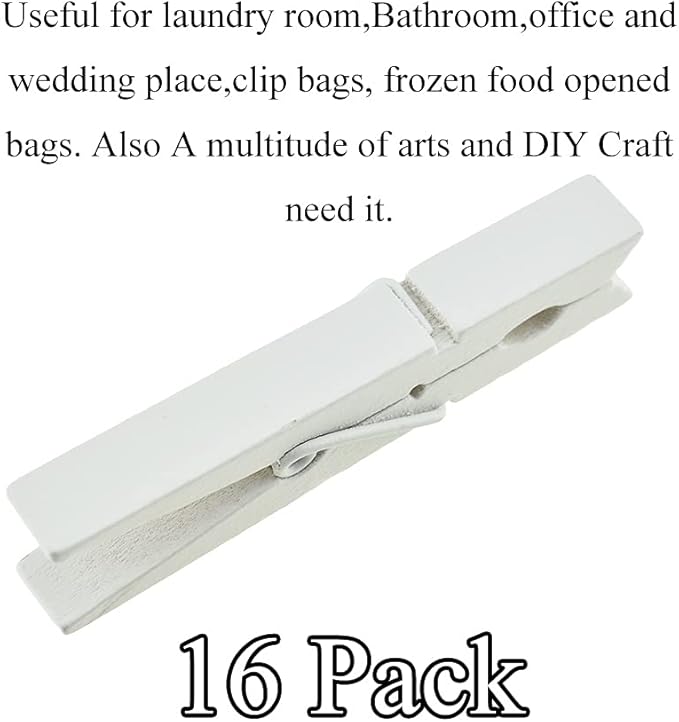 HAHIYO White Wooden Clothes Pins Clothespins Wide Do NOT Fall Apart 2.87 inches Length 16 Pack Sturdy Strong Springs No Rust No Discoloration for Laundry Bathroom DIY Craft Photos Food Opened Bags