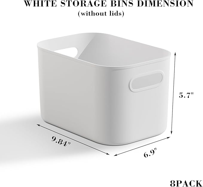8 Pack White Storage Bins for Shelves, Plastic Storage Containers for Organizing, Stackable Storage Boxes with Handle, Storage Bins White for Classroom, Craft, Snacks, Cabinet, 9.7x6.7x5.7 inch