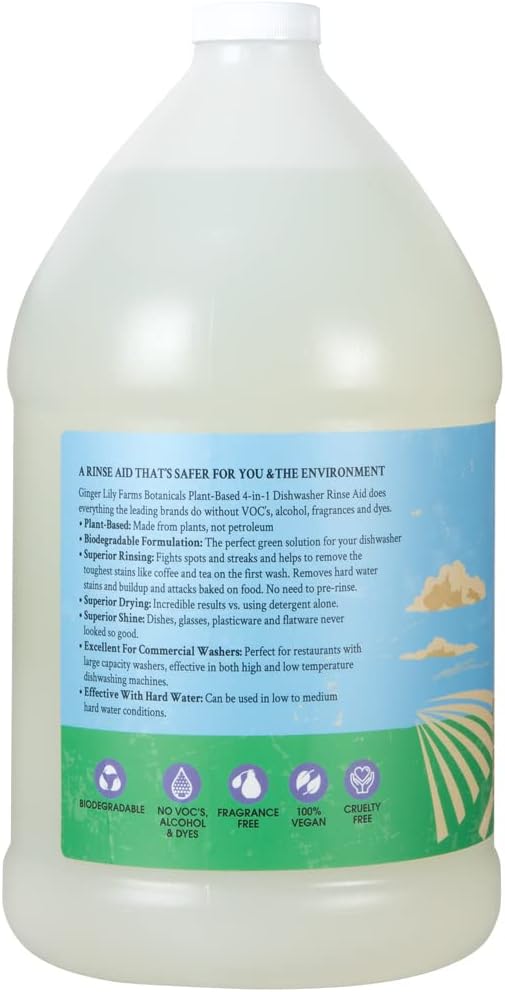 Ginger Lily Farms Botanicals Plant-Based 4-In-1 Dishwasher Rinse Aid, 100% Vegan & Cruelty-Free, Fragrance-Free, 1 Gallon (128 fl oz) Refill, 128.00 Fl Oz (Pack of 1)