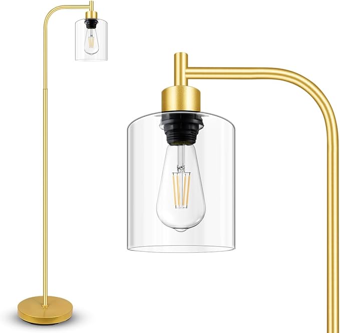 Gold Floor Lamp, Standing Lamp with Glass Lampshade, 6W LED Bulb Included, Modern Floor Lamp with Foot Switch, Industrial Floor Lamp, Bright LED Floor Lamp for Living Room and Bedroom, Office