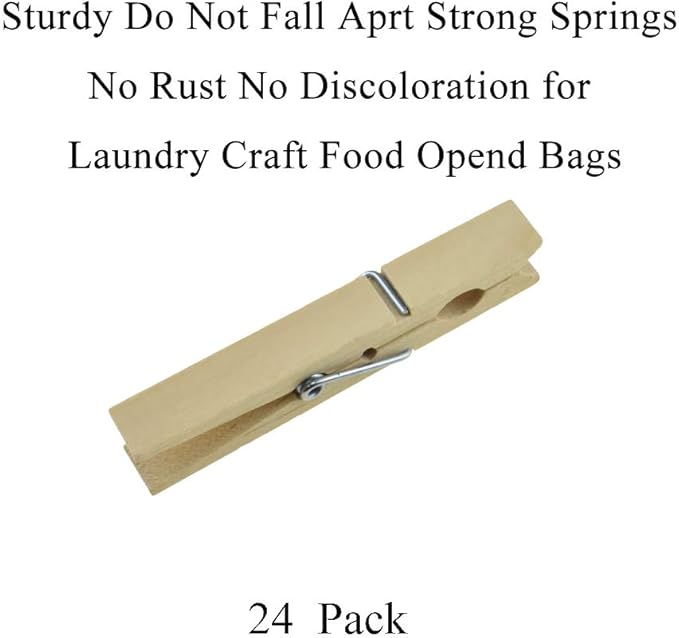 HAHIYO Wooden Clothes Pins Clothespins Large Do NOT Fall Apart 2.87 inches Length 24 Pack Sturdy Strong Springs No Rust No Discoloration for Laundry Bathroom DIY Craft Photos Food Opened Bags
