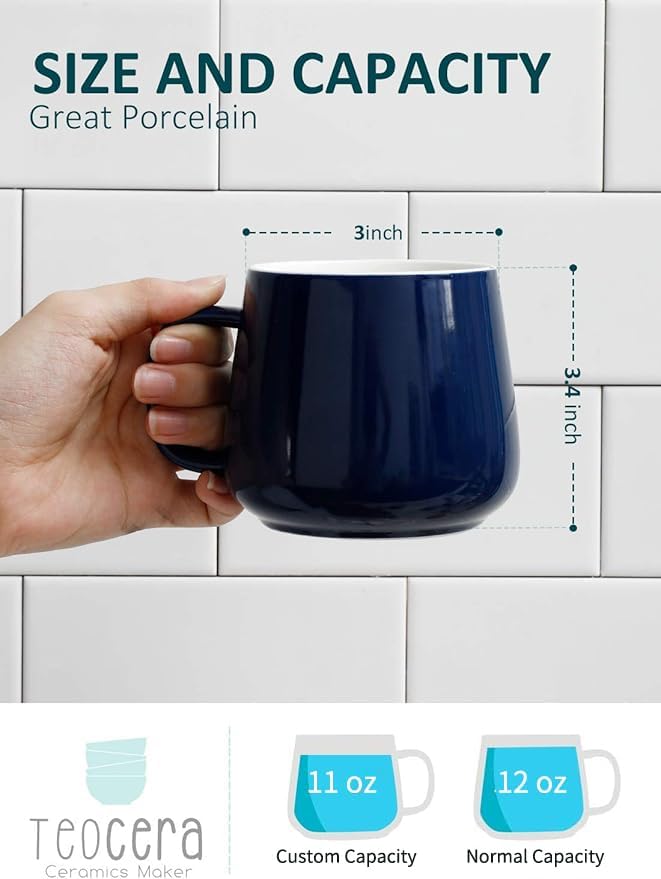Teocera Ceramic Coffee Mug Set of 4-12 oz Coffee Mugs with Large Handles for Hot or Cold Drinks Like Latte, Cocoa, Tea or Juice - Smooth Ceramic, Dishwasher Safe, Navy