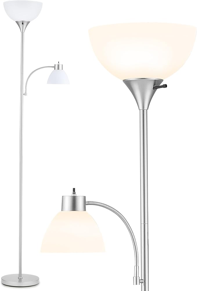 VONLUCE Torchiere Floor Lamp, 71" Standing Lamp with Adjustable Reading Lights & 2 Bulbs, 3 Color Temperatures Modern Tall Pole Lamp for Living Room Bedroom Corner, Nickel