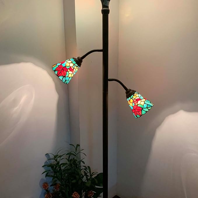 Bieye L10884 Maple Tree Leaves Tiffany Style Stained Glass Torchiere Floor Lamp with Sidelights for Reading Home Decor, 70-inches Tall (Maple Leaf, Red)