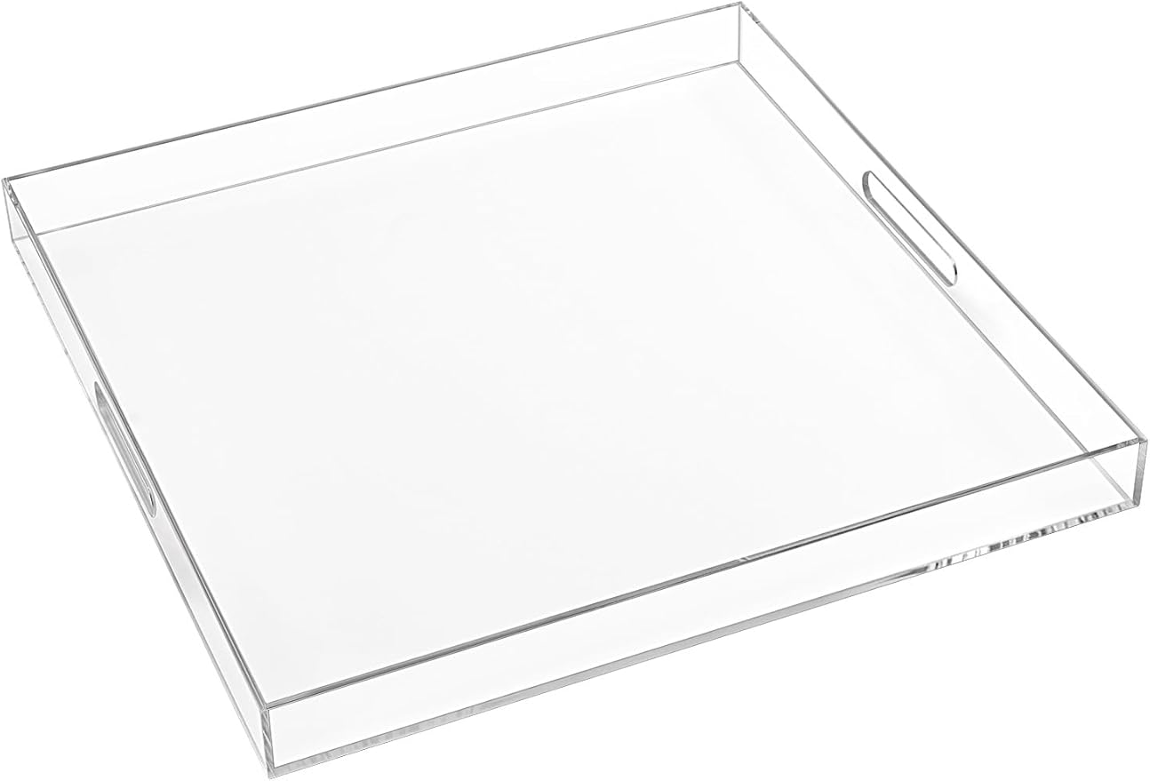 18×18 Inches Clear Acrylic Serving Tray with Handles Extra Large Ottoman Tray Decorative Trays Spill-Proof Coffee Table Space Saver Oversize Counter top Organizer Platter with Safe Edge