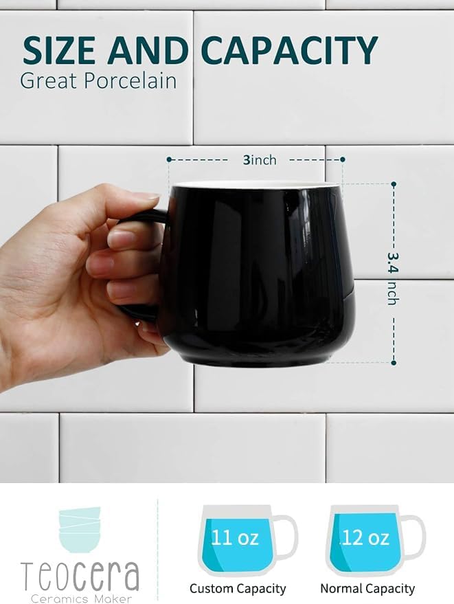 Teocera Ceramic Coffee Mug Set of 4-12 oz Coffee Mugs with Large Handles for Hot or Cold Drinks Like Latte, Cocoa, Tea or Juice - Smooth Ceramic, Dishwasher Safe,Black