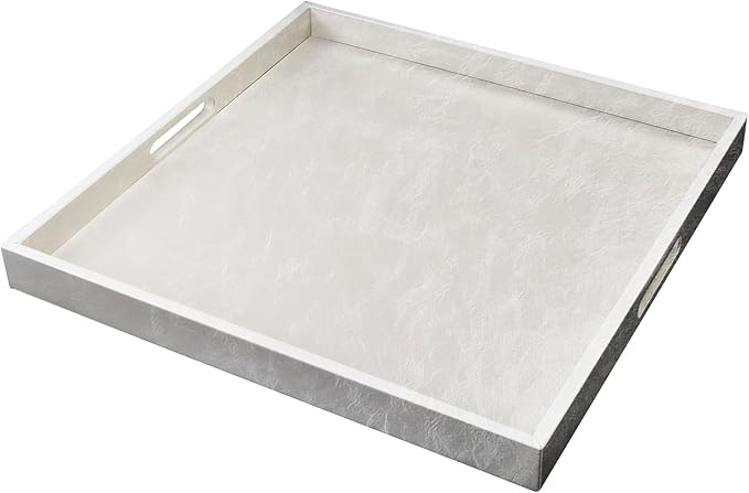 25 * 25 inches Leather Rectangle Serving Tray with Hole Handles,High-End Light Large Service Tray for Ottoman Tray, Tea, Food, Butler - Countertop, Kitchen,Family Dinner, Picnic(White)