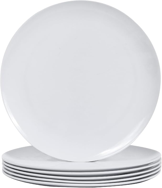 White Melamine Dinner Plates,6pcs Dishes Set,10inch Lightweight Round Plates,Scratch Resistant Unbreakable Serving Dishes,White
